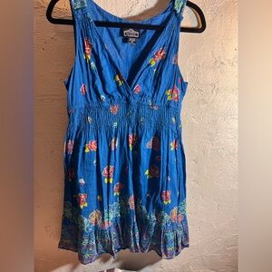 Blue Floral Sleeveless Dress M boho festival casual block print floral cotton